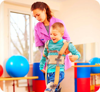 a woman guiding a male kid